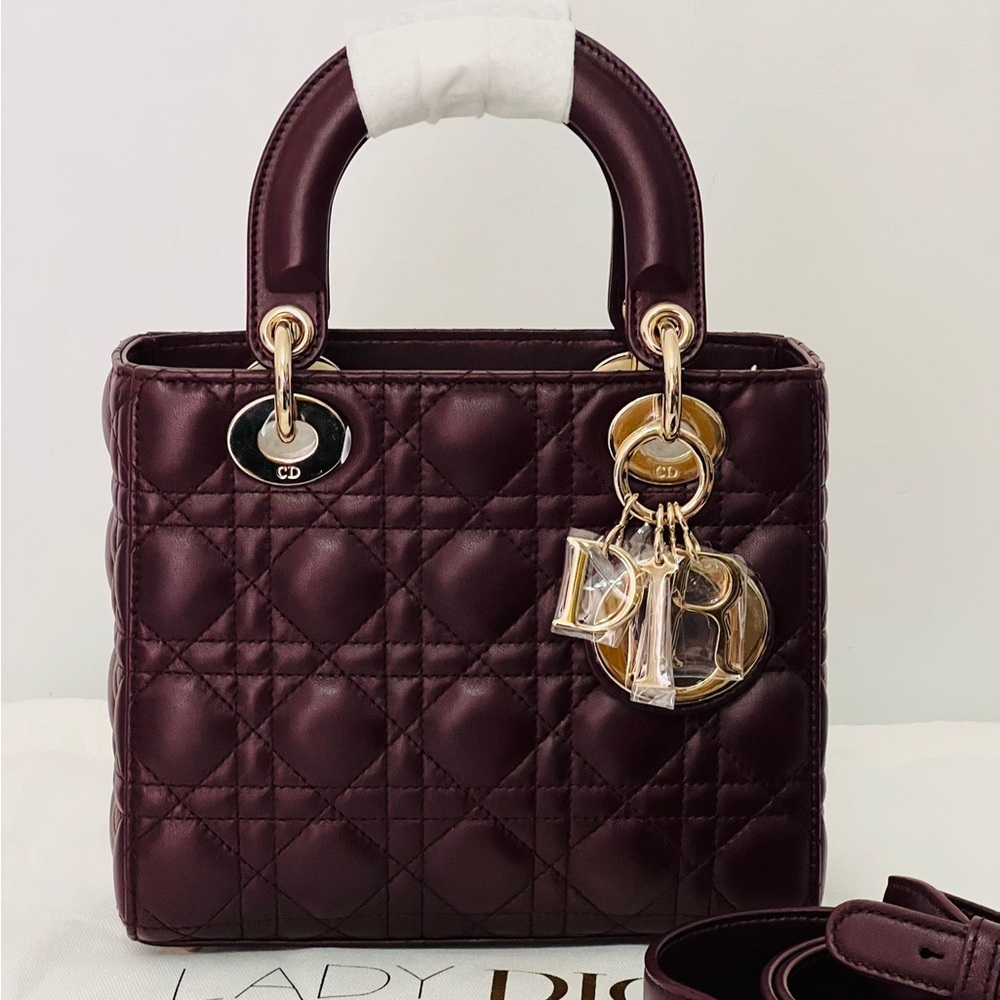 Christion Dior Lady Deep Burgundy Quilted Leather Lady Small ABC Rouge noir